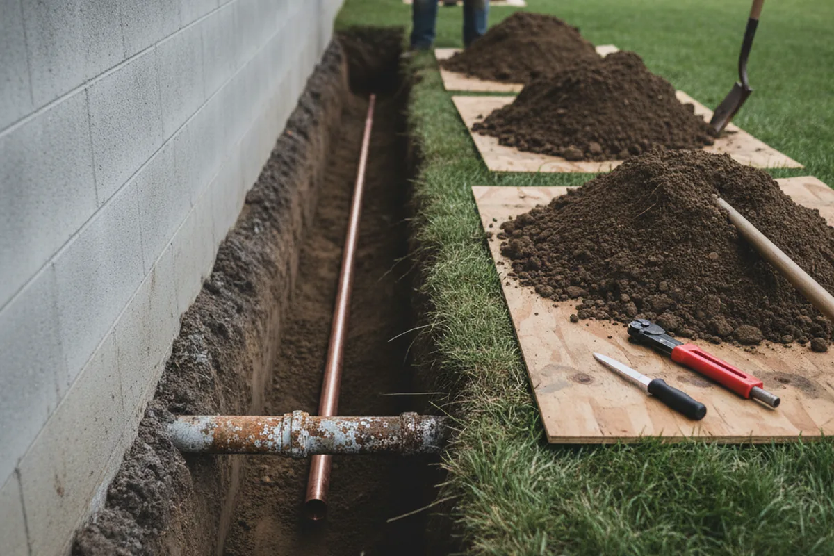 Excavated water line trench during Sewer Line Repair in Burlington